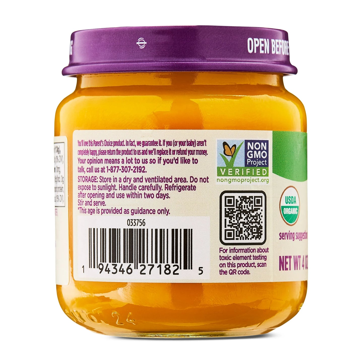 Parent's Choice Organic Stage 1 Baby Food, Mango, 6 pack of 4 oz jar