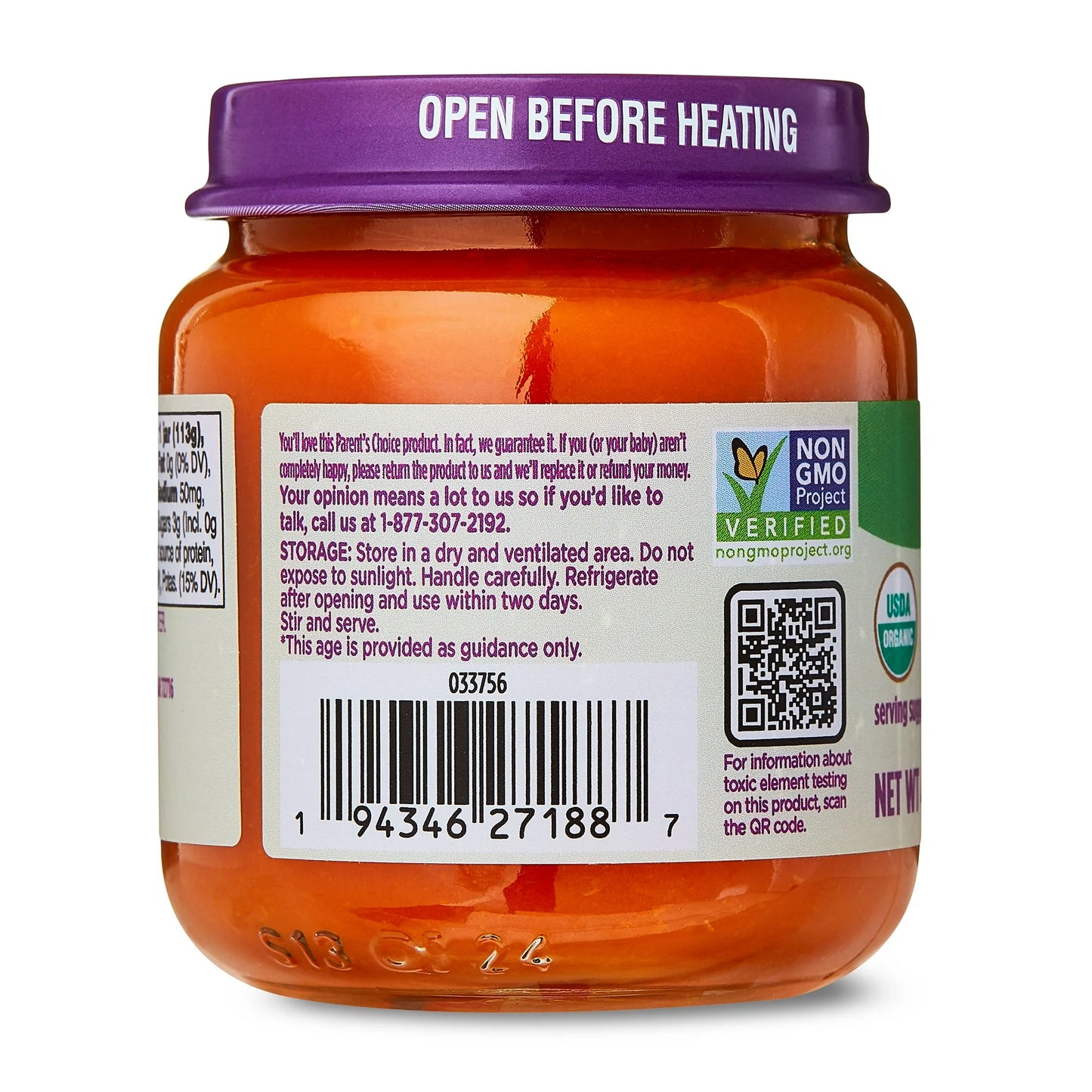 Parent's Choice Organic Stage 1 Baby Food, Carrot Puree, 6 pack of 4 oz jar