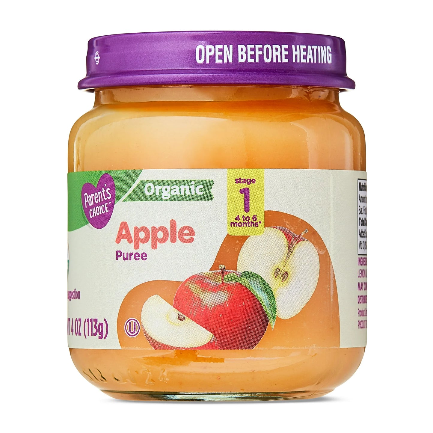 Parent's Choice Organic Stage 1 Baby Food, Apple Puree, 6 pack of 4 oz jar