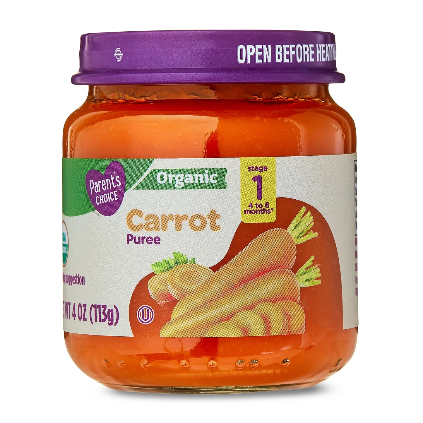 Parent's Choice Organic Stage 1 Baby Food, Carrot Puree, 6 pack of 4 oz jar