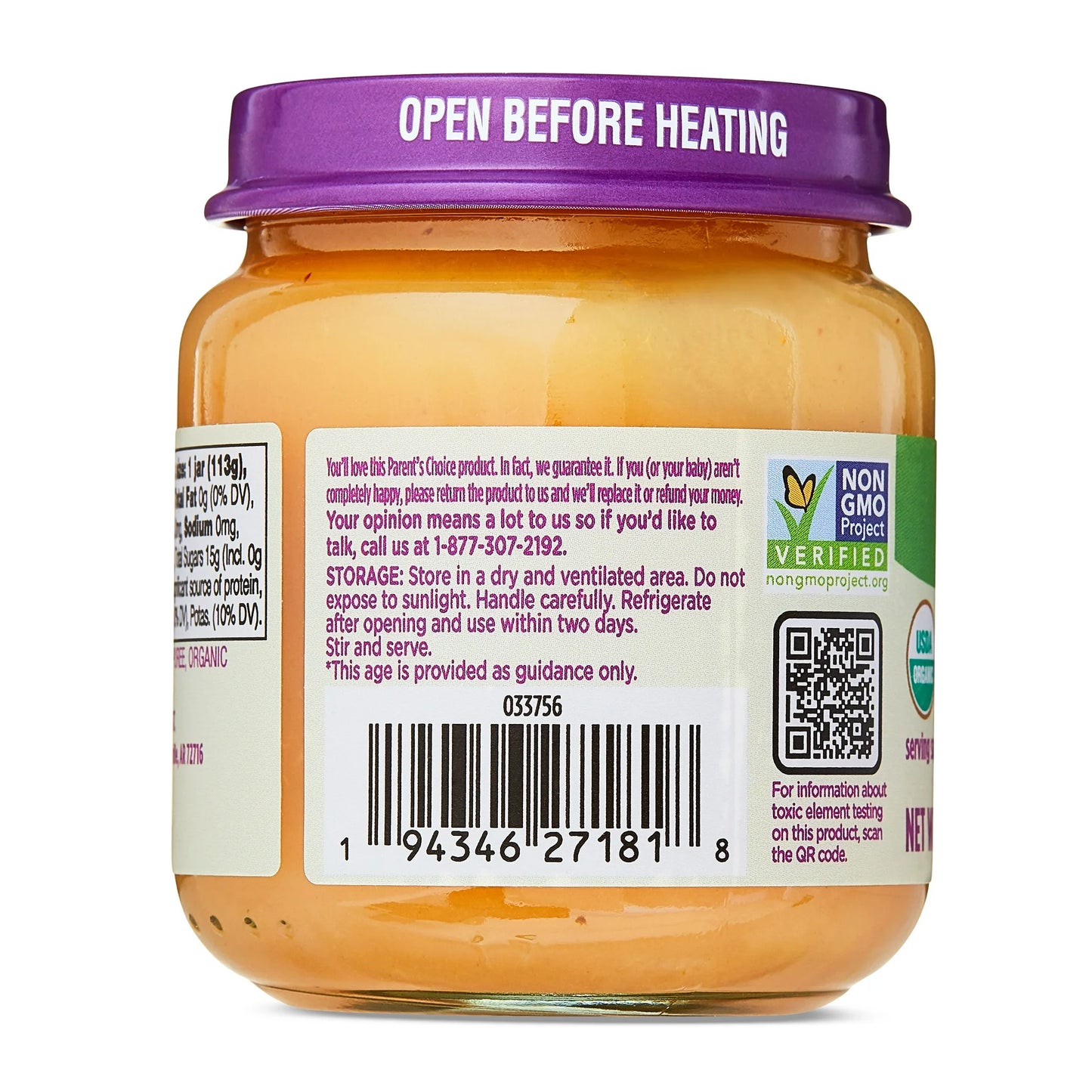 Parent's Choice Organic Stage 1 Baby Food, Apple Puree, 6 pack of 4 oz jar
