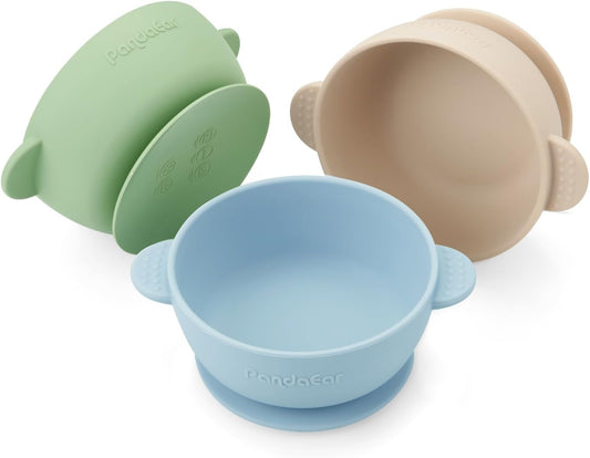 PandaEar 3 Pack Baby Bowls with Suction (green/blue/tan)