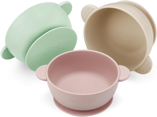 PandaEar 3 Pack Baby Bowls with Suction (Pink Green Tan)