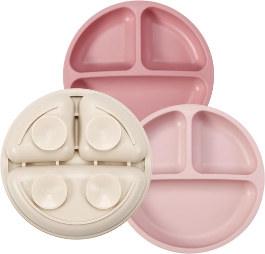 PandaEar 3 Pack Toddler Plates, Silicone Divided Suction Plate (Pink/Linen)