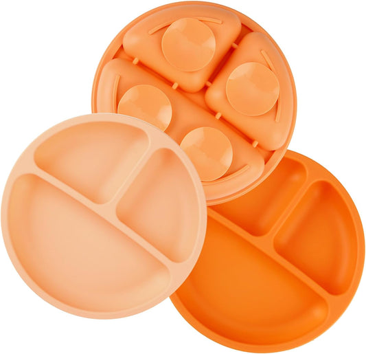 PandaEar 3 Pack Toddler Plates, Silicone Divided Suction Plate (Orange)