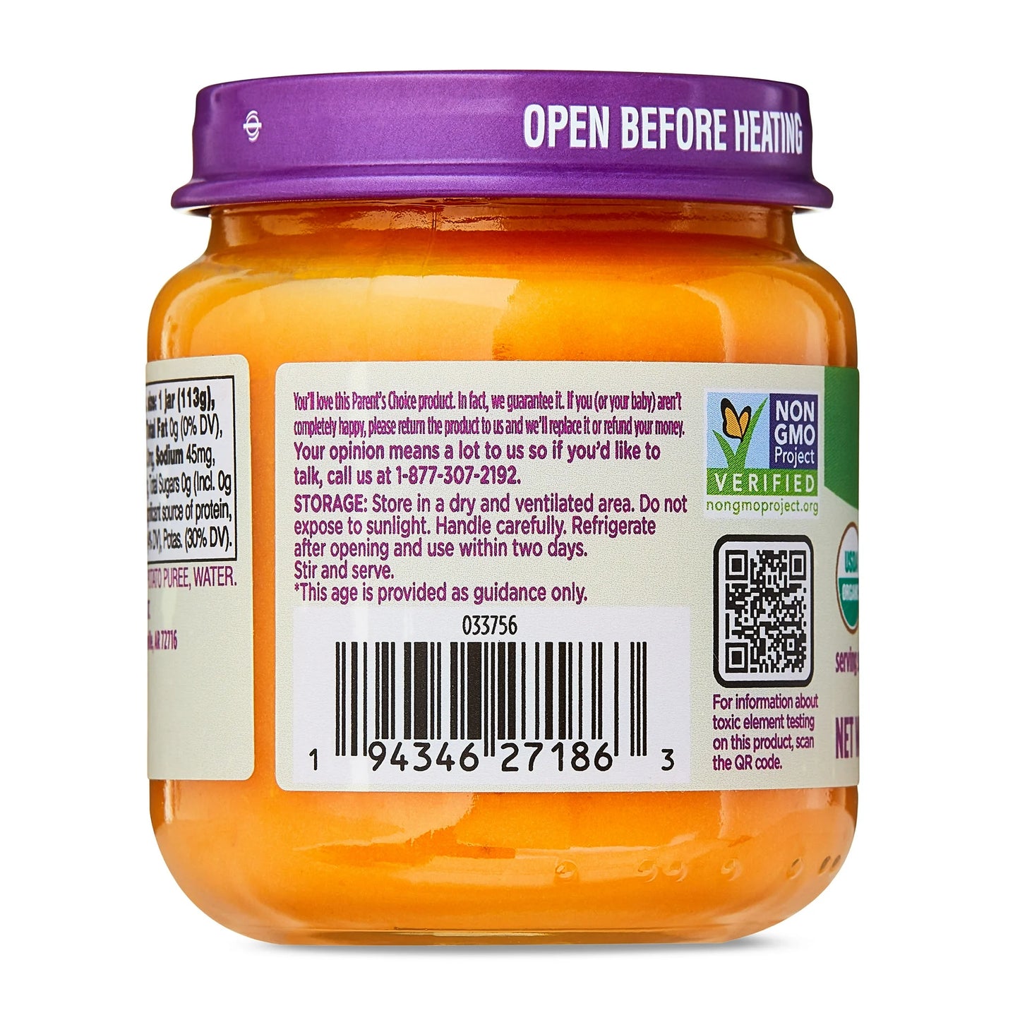 Parent's Choice Organic Stage 1 Baby Food, Sweet Potato Puree, 6 pack of 4 oz jar